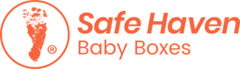 A logo for safe haven baby boxes with a footprint in the middle