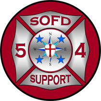 A red and silver logo for sofd 54 support