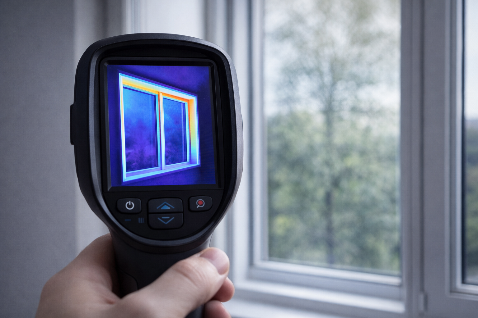 A person holds a thermal imaging camera aimed at a window, showing heat loss in yellow and cold spots in dark blue.