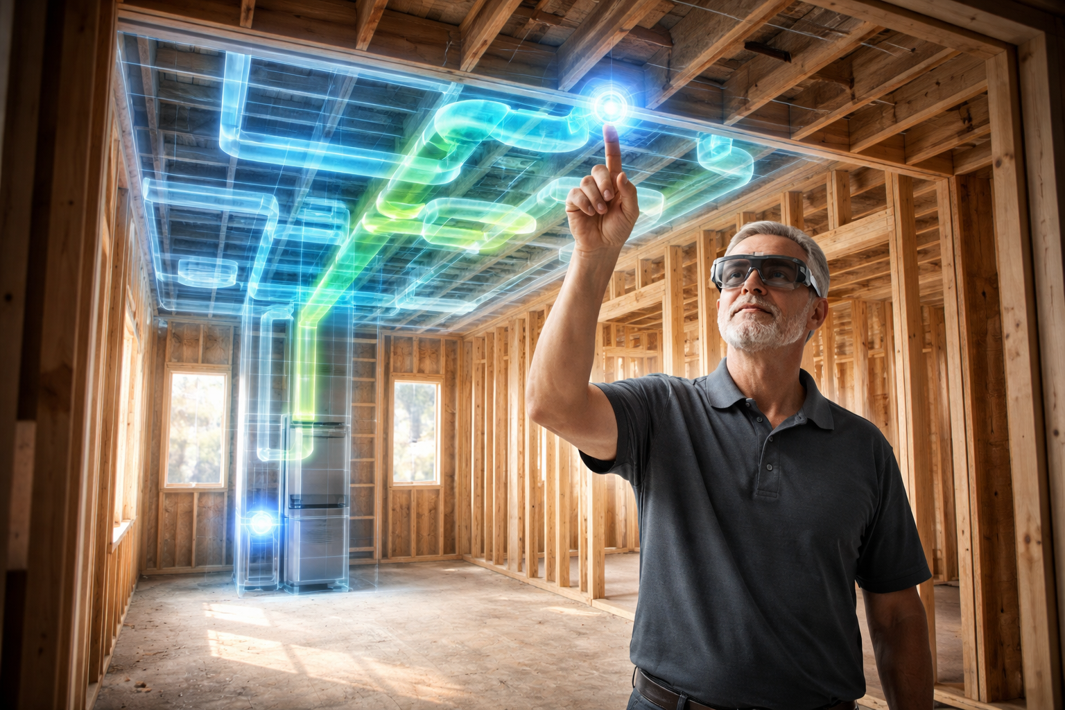 A person wearing AR glasses points at a holographic HVAC system design projected onto an unfinished room's ceiling.