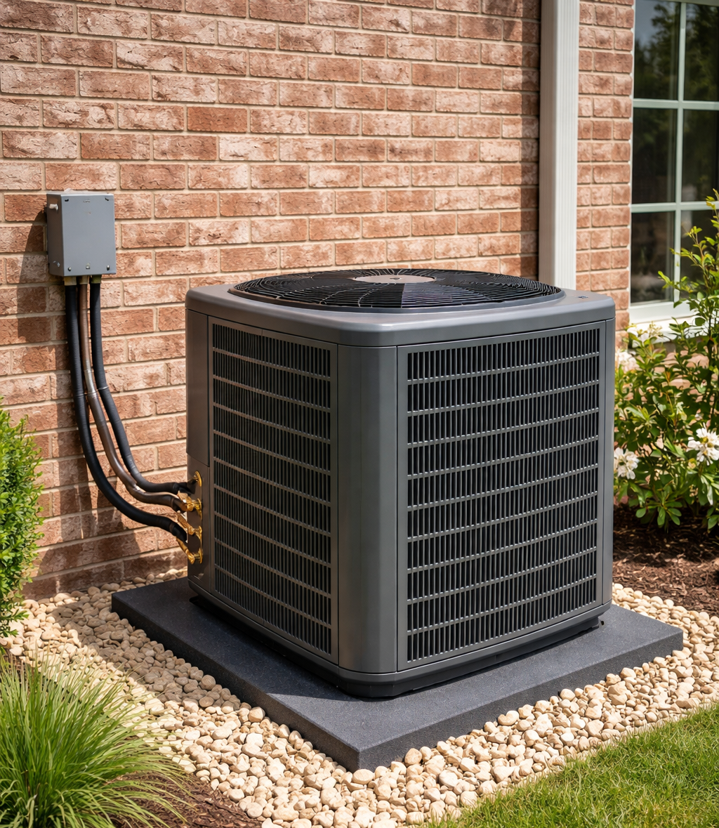 A dark gray central air conditioning unit sits on a concrete pad against a brick wall, surrounded by decorative stones.