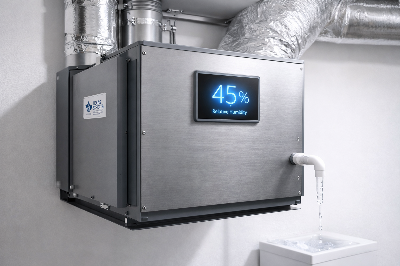 A wall-mounted gray industrial dehumidifier with a digital display reading 45% is draining water into a white basin.