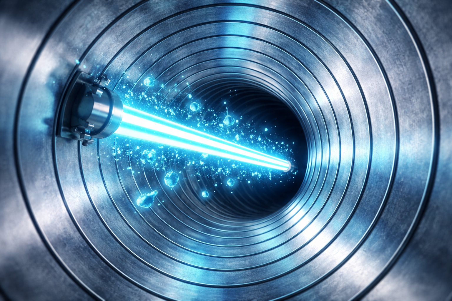 A UV-C light bulb inside a metallic air duct, emitting a bright blue glow to sterilize the airflow.