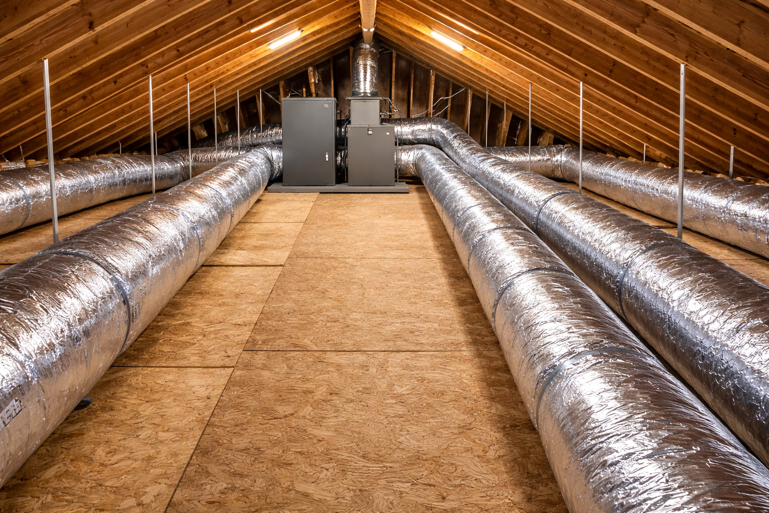 Silver HVAC ductwork runs across a wooden floored attic toward a furnace unit under the peaked roof.