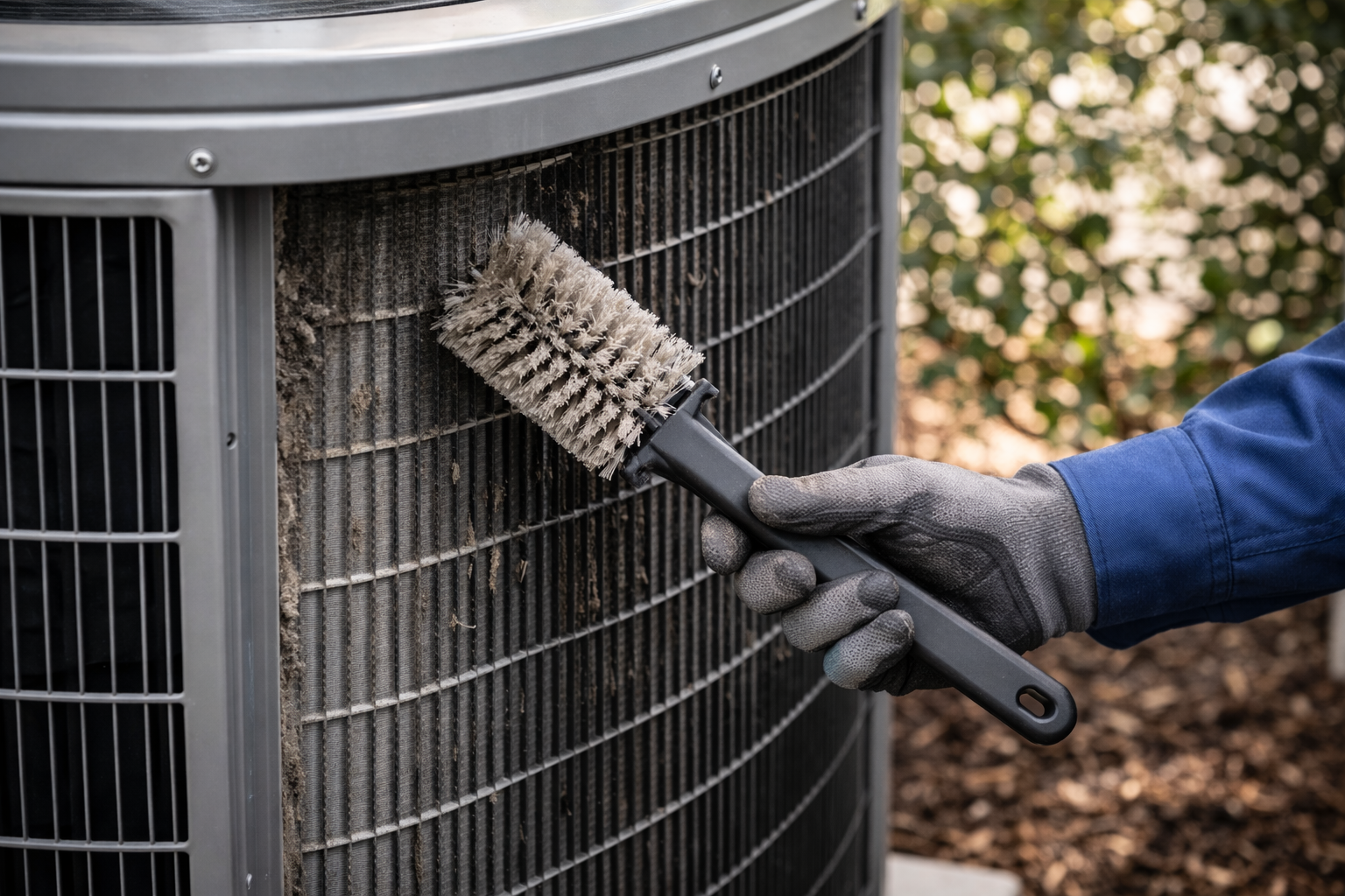 A hand wearing a gray work glove uses a brush to clean dust and debris from the metal fins of an outdoor air conditioner.