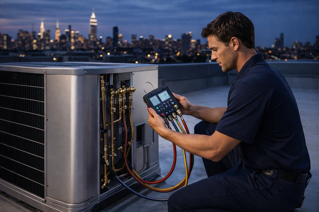 A technician in a blue uniform checks an HVAC unit on a rooftop with a digital gauge, city skyline in the background.