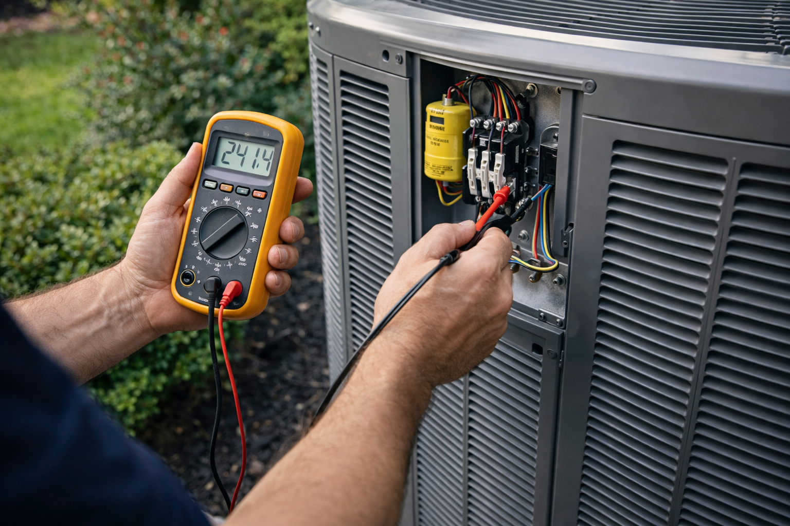 A technician uses a yellow multimeter to test electrical voltage on the components of an outdoor air conditioning unit.