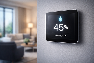 A digital wall-mounted monitor in a modern living room displays a 45% humidity reading with a water drop icon.