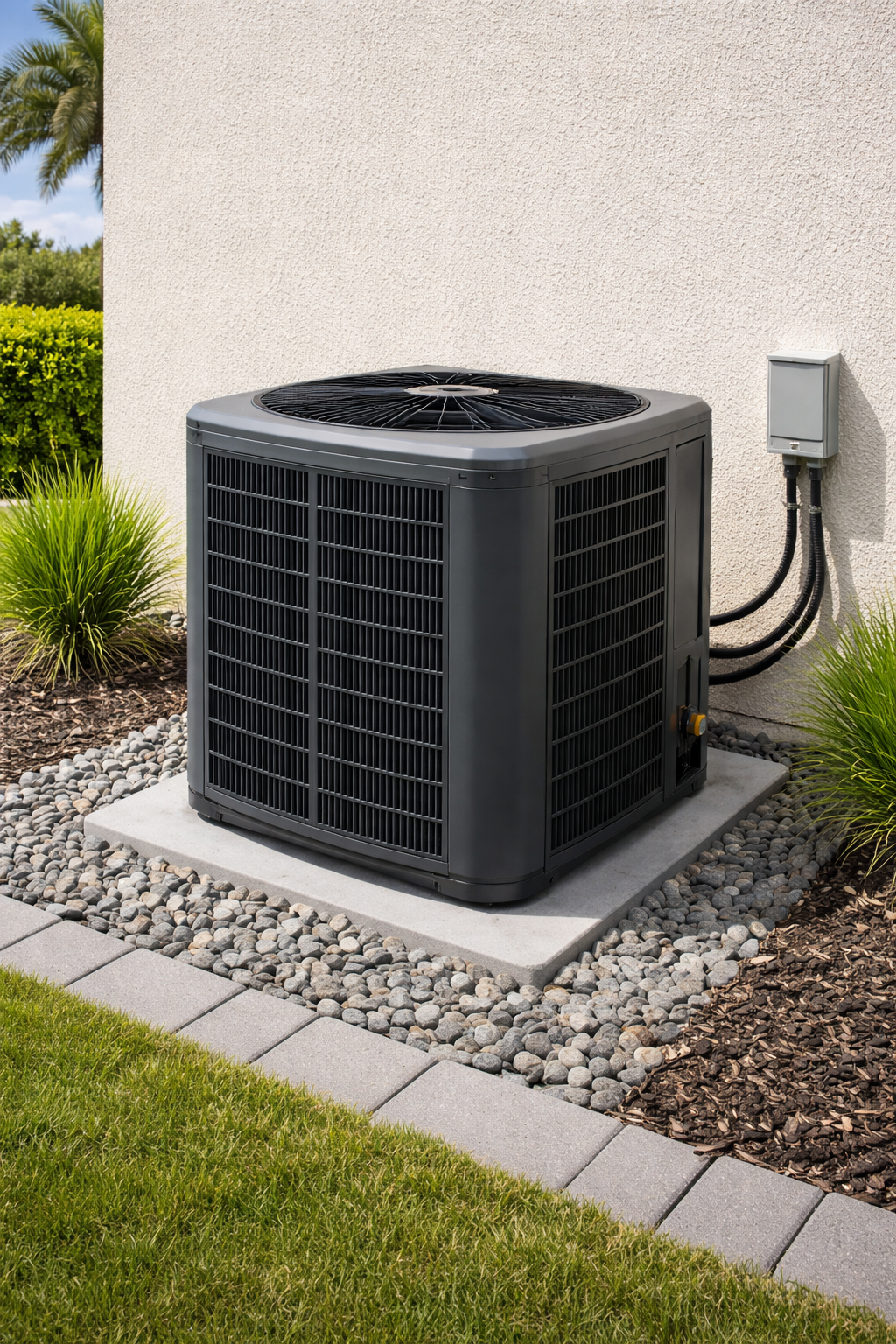 A dark gray central air conditioning unit sits on a concrete pad outdoors, surrounded by decorative rocks and lawn.