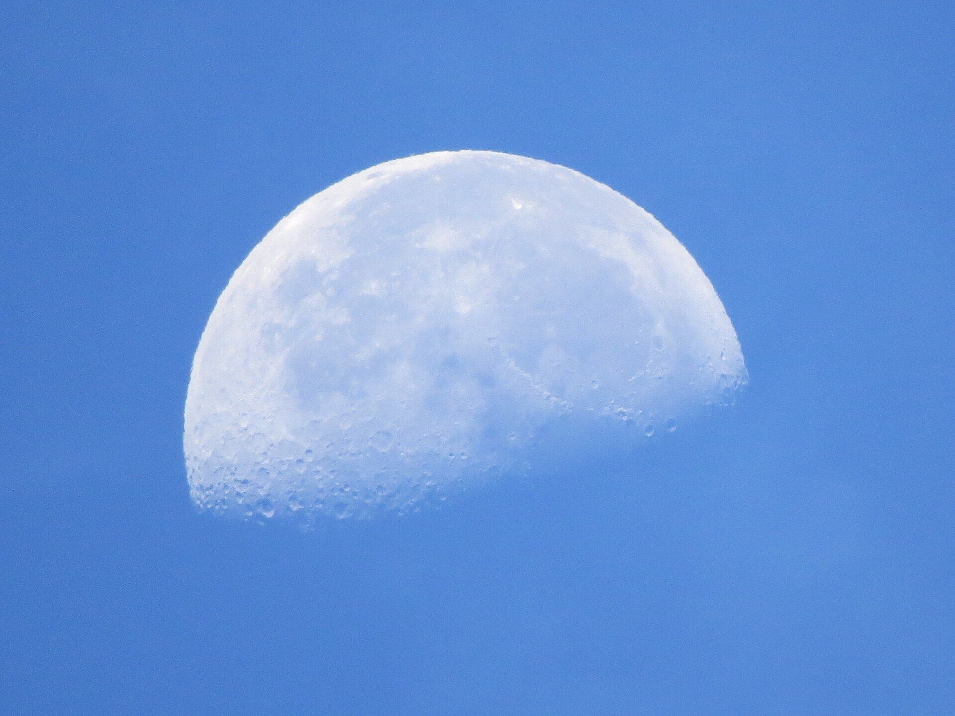 Een halve maan aan een helderblauwe hemel, met kraters en een zichtbare oppervlaktestructuur.