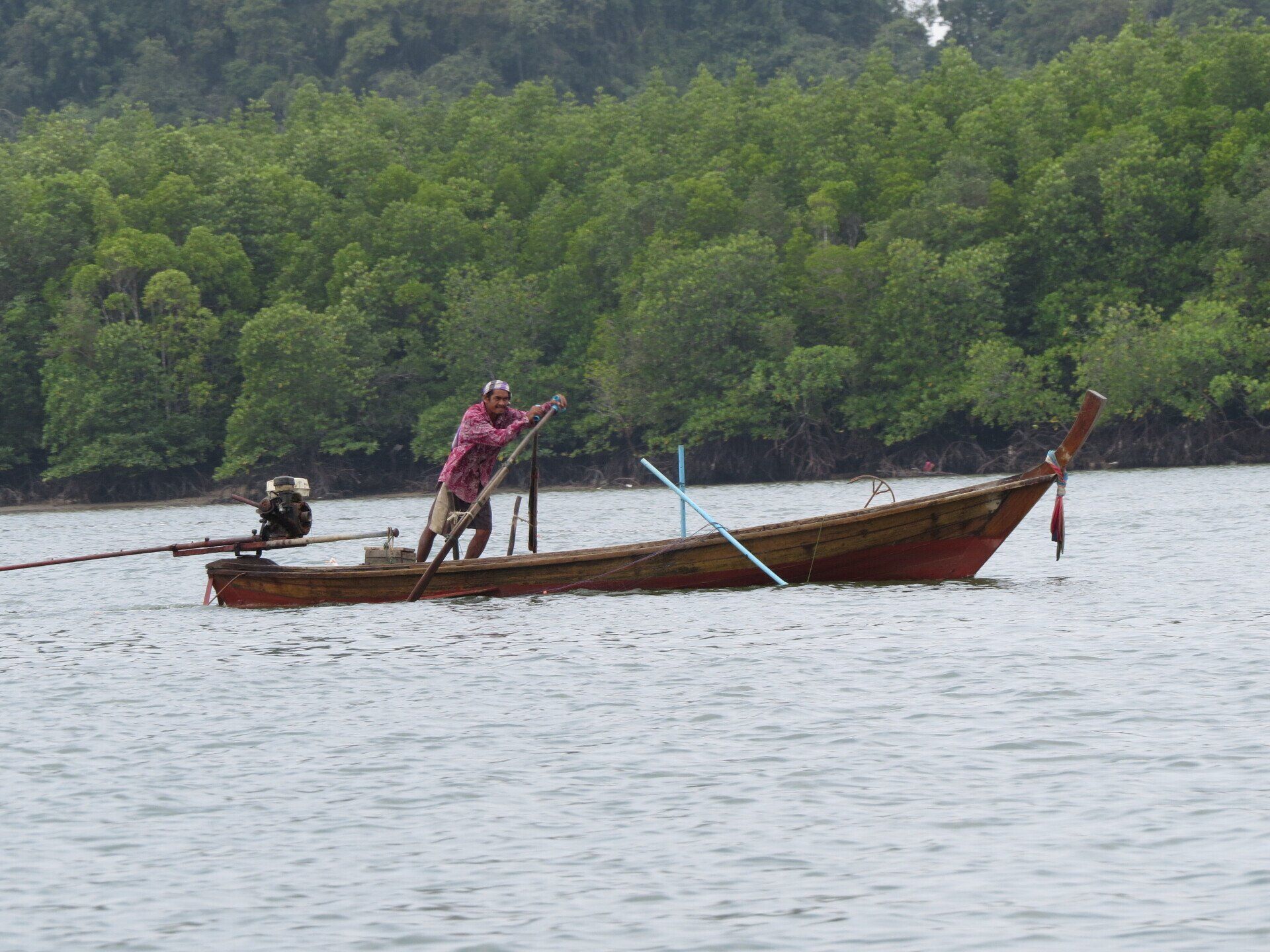 Een man in een roze shirt roeit in een houten boot op een waterweg met bomen op de achtergrond.