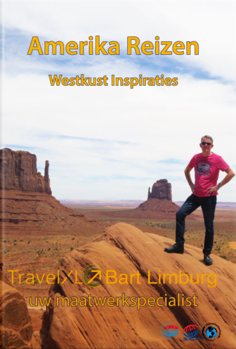 Een boek met de titel amerika reizen met een man die bovenop een rots staat