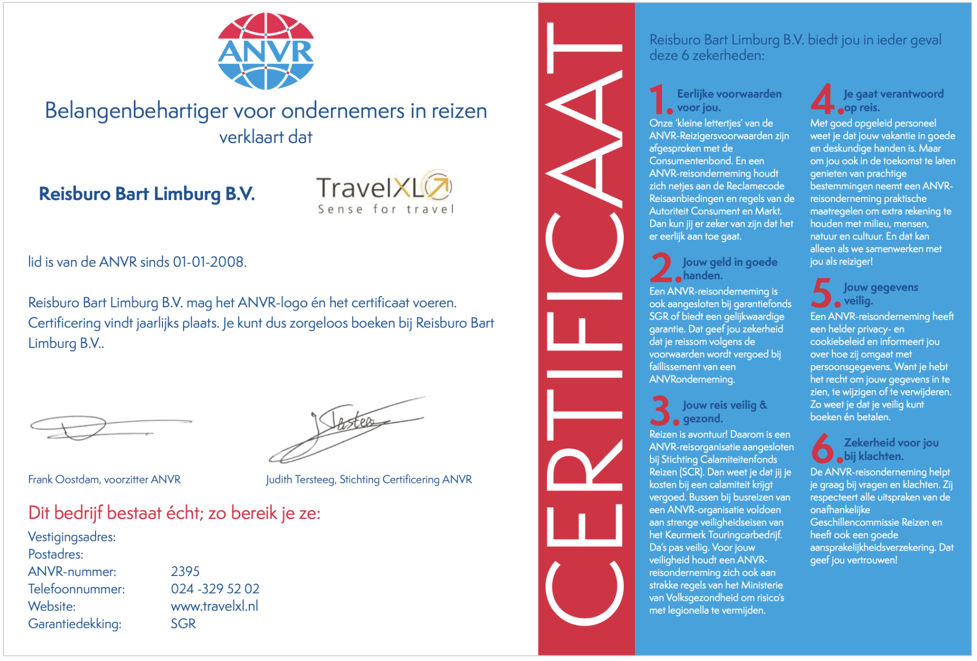 Afbeelding van ANVR Certificaat voor travelxl-bart-limburg en link naar pagina van anvr