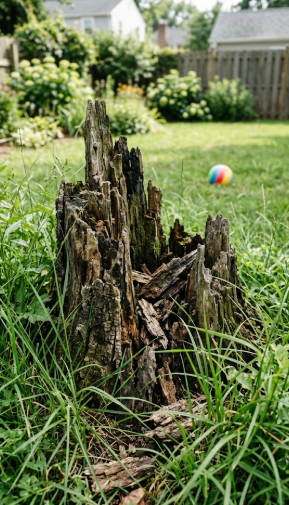 A jagged and decaying tree stump in Spokane, hidden in tall grass, poses a tripping hazard for children.