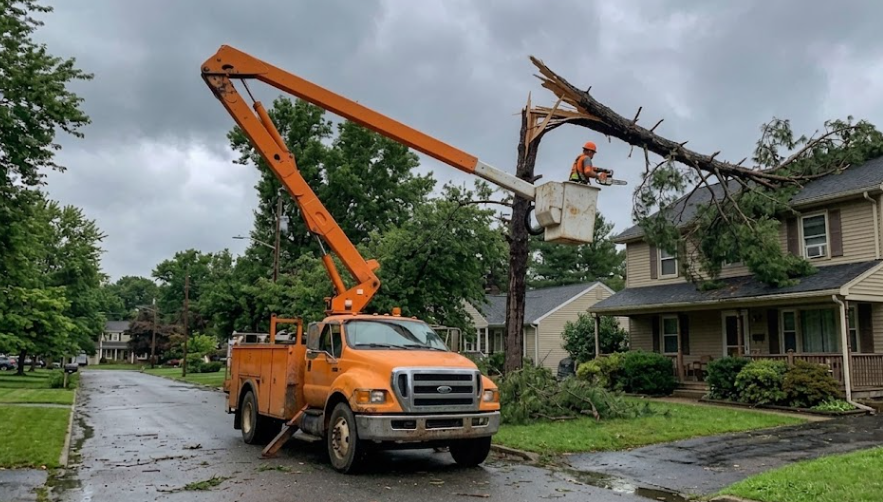A professional bucket truck being used by A1 Tree Service to safely remove a dangerous broken pine tree branch hanging over a house in Spokane.
