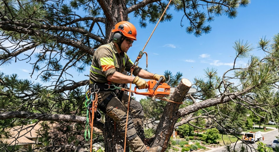 A professional tree cutter in a safety harness working high up in a pine tree in Spokane.