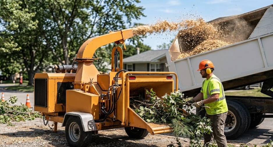 A1 Tree Service worker using a wood chipper to clean up branches and debris after cutting a tree.