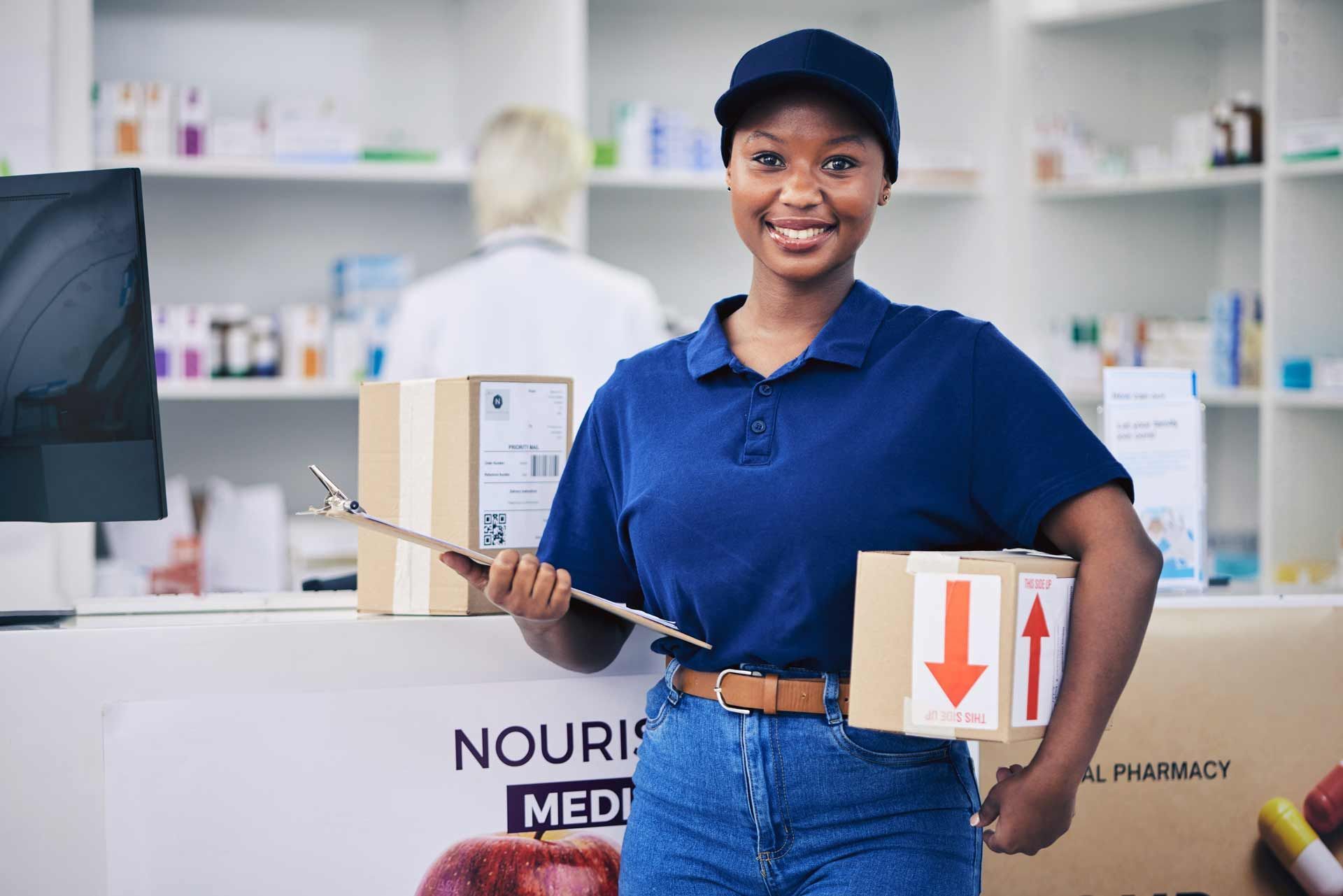 A woman is holding a clipboard and a box in a pharmacy