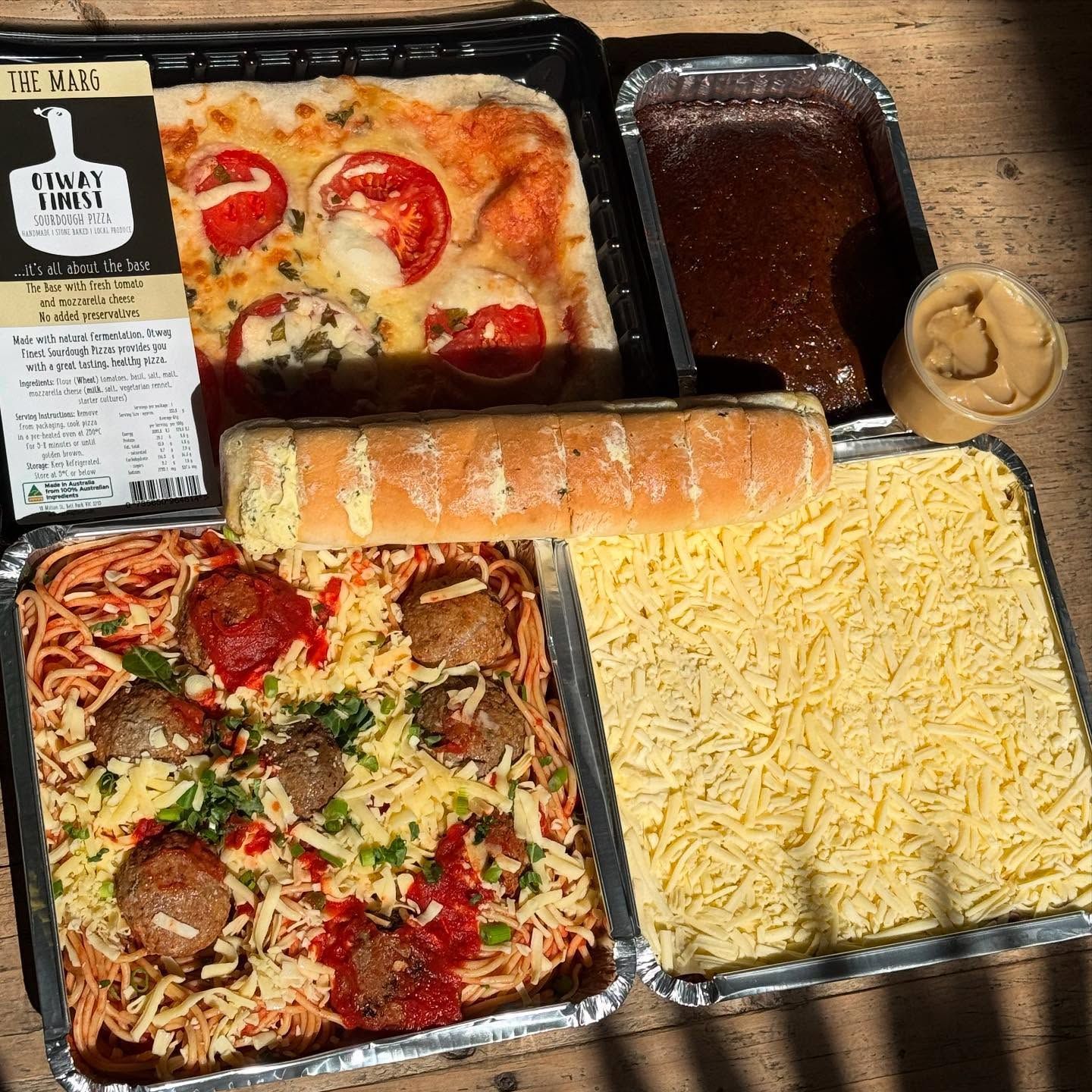 Prepared meal components: pizza, pasta, bread, sauce, cheese, and peanut butter.