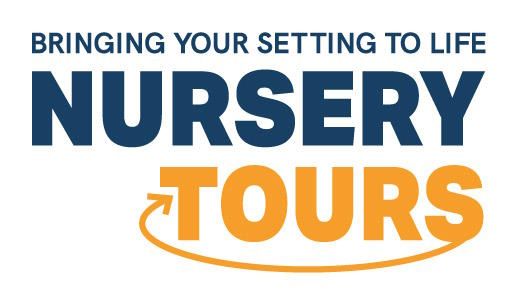 A blue logo for nursery tours with a camera on a white background.