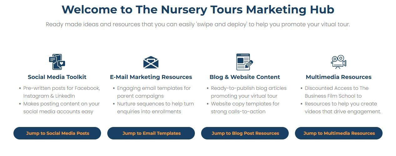 A screenshot of the nursery tours marketing hub website.