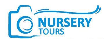 A blue logo for nursery tours with a camera on a white background.