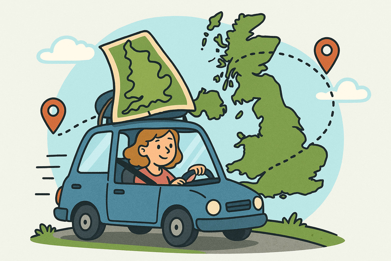 A woman is driving a car with a map on the roof.
