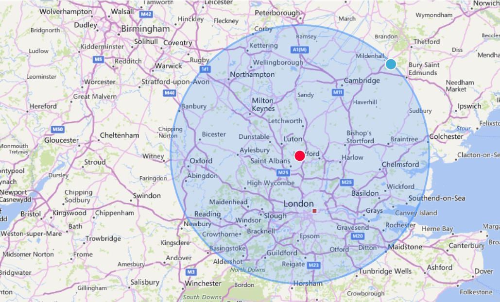 A map of england with a circle around it