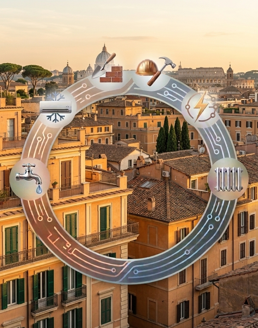 Diagramma circolare che mostra le fasi di costruzione di una casa sullo sfondo dello skyline di una città.
