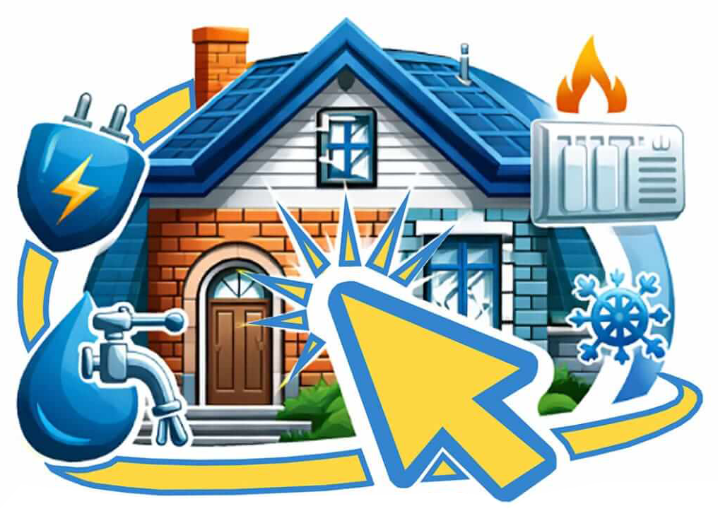 Casa con icone di servizi: elettricità, acqua, aria condizionata, fiamma a gas, con cursore a clic.