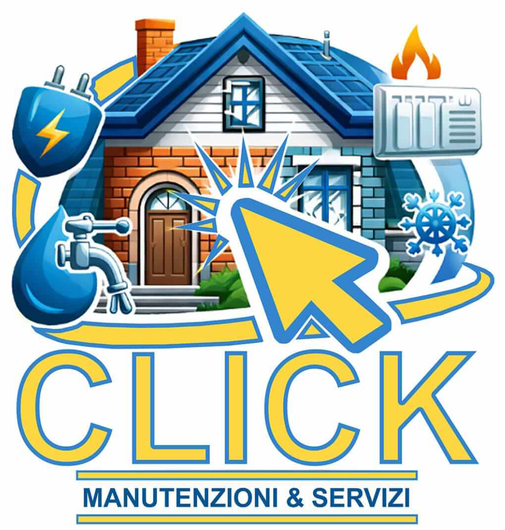 Logo: Casa con icone di impianti elettrici, idraulici e HVAC, cursore di clic e testo 