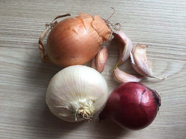 Several different types and colours of onion