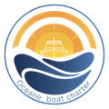 Logo: Ocean boat charter with boat on water, sunset background, blue and yellow.