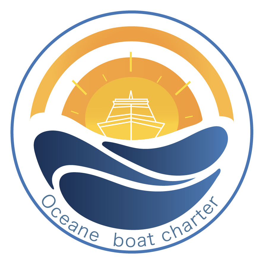 Logo: Ocean boat charter with boat on water, sunset background, blue and yellow.
