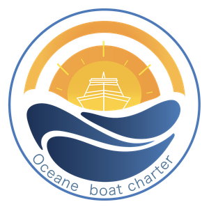 Logo: Ocean boat charter with boat on water, sunset background, blue and yellow.