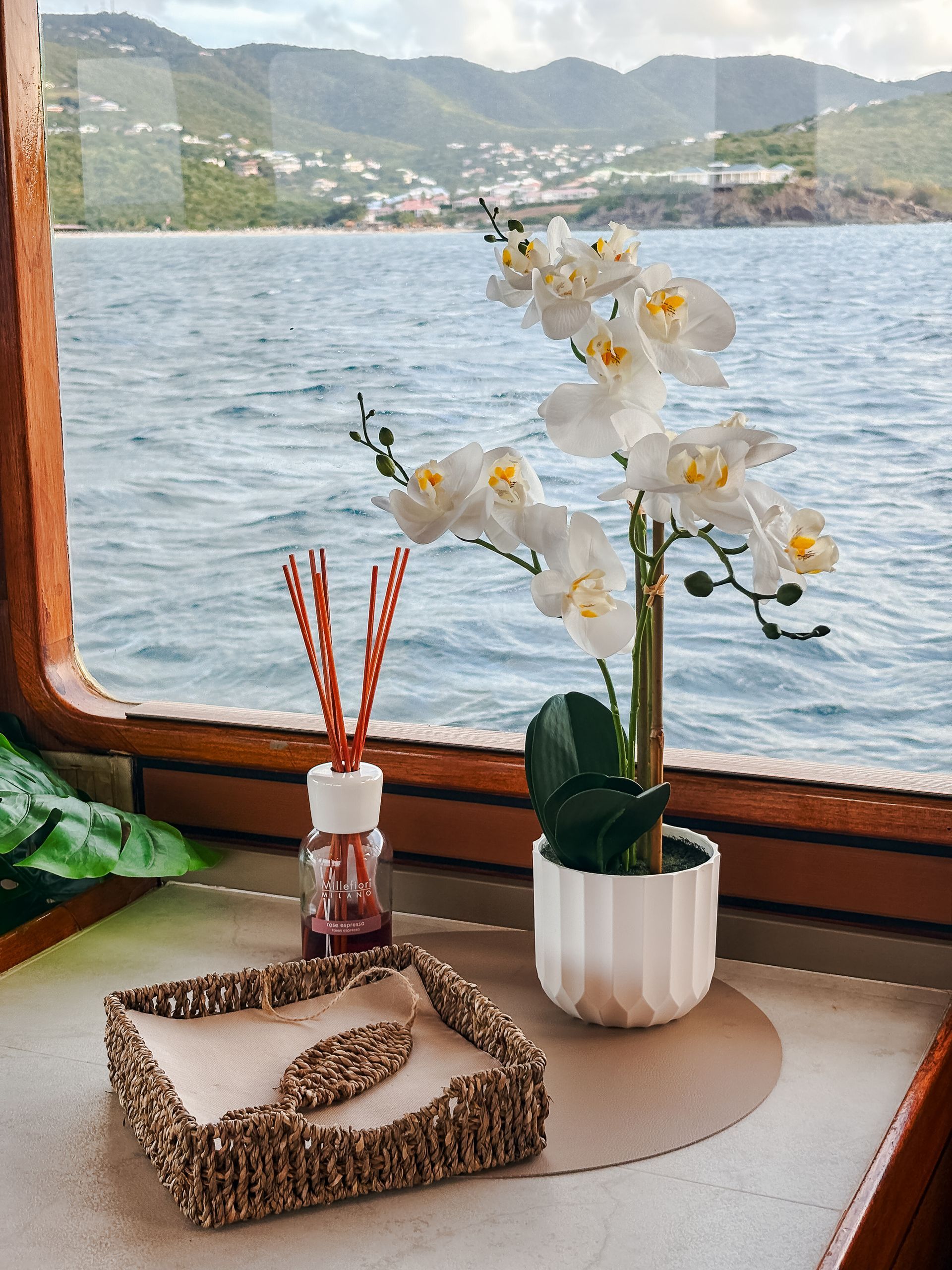 A window view on the ocean with a white orchid, reed diffuser, and napkin holder.