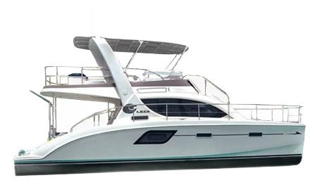 White motor catamaran with two levels, a canopy, and a dark hull.