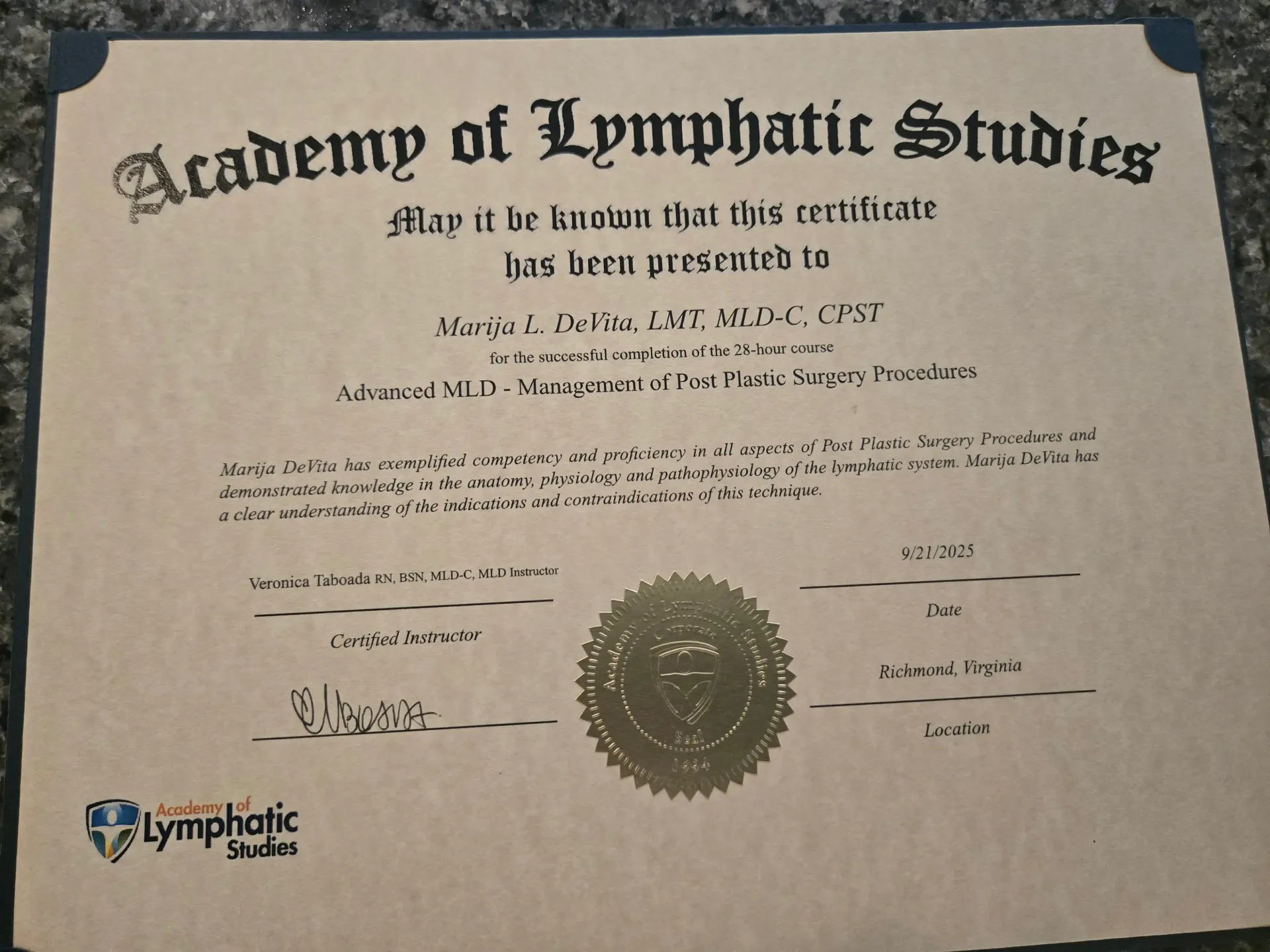 Academy of Lymphatic Studies Certificate