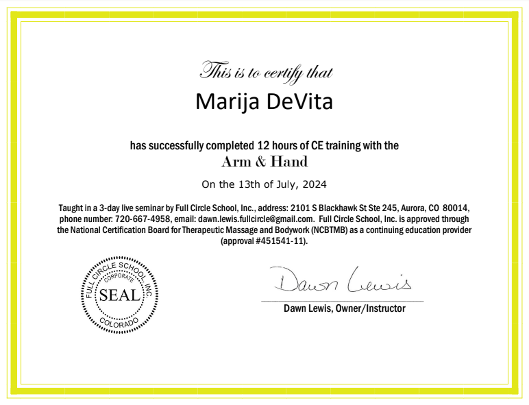 Certificate of Completion for CE Training with Arm and Hand