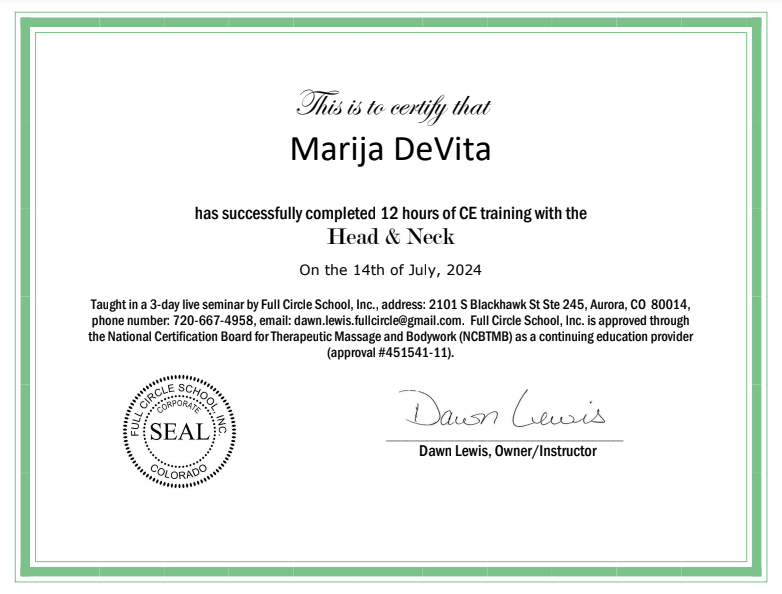 Certificate of Completion for CE Training with Head and Neck