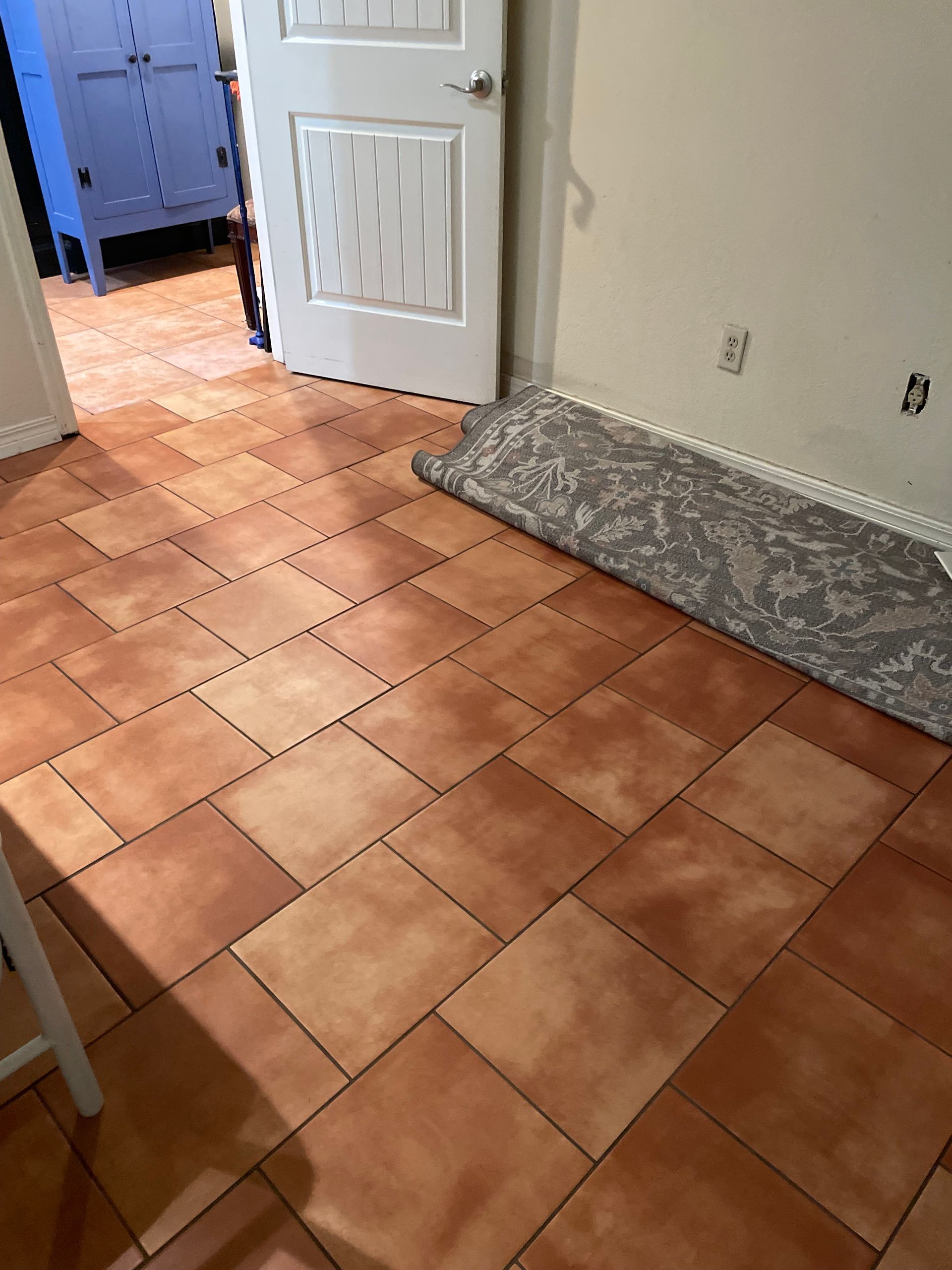 Empty room with terracotta tile floor, open white door, and gray rug by the wall.