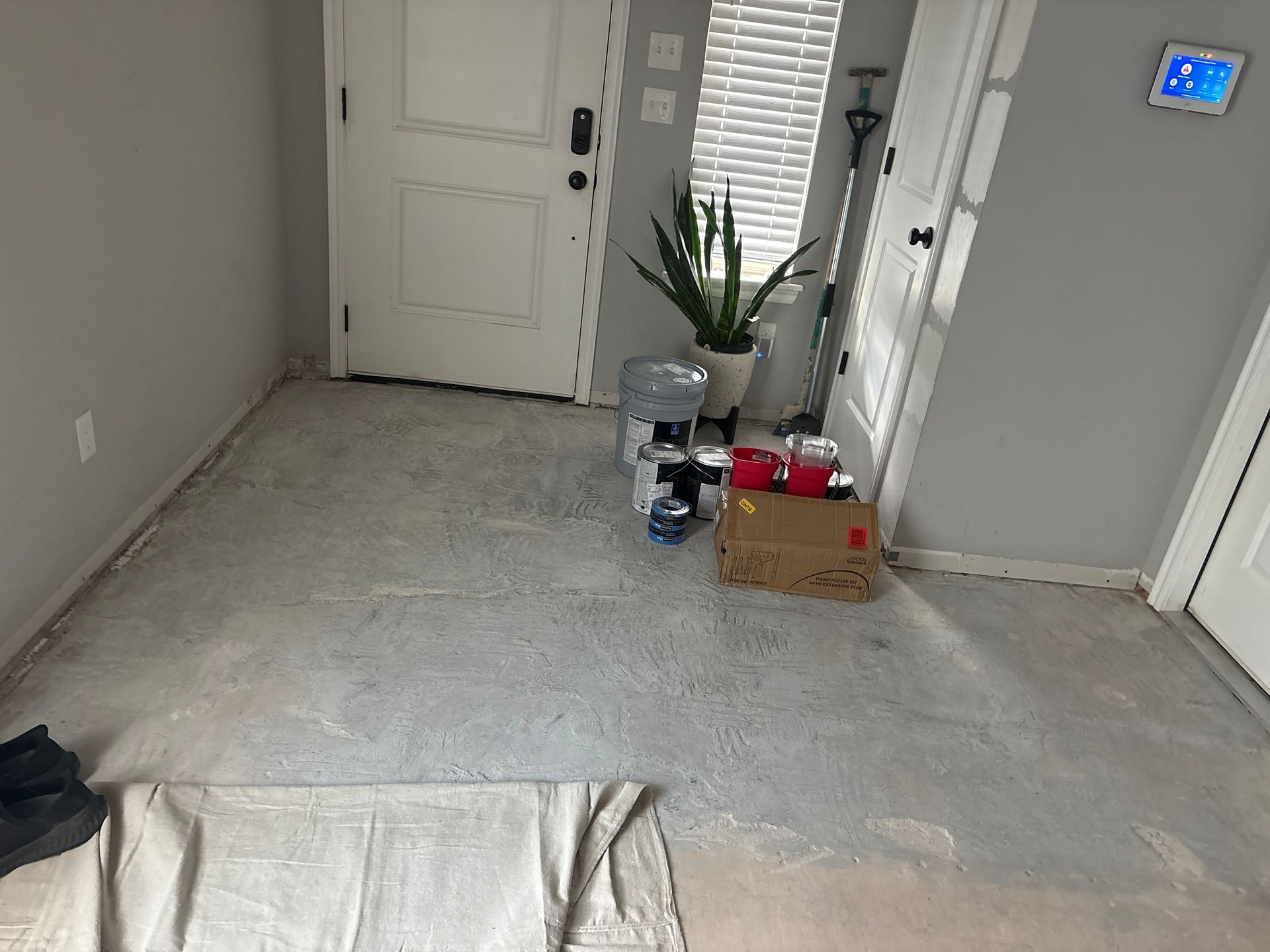 Empty room with unfinished floor, front door, potted plant, and boxes near the wall