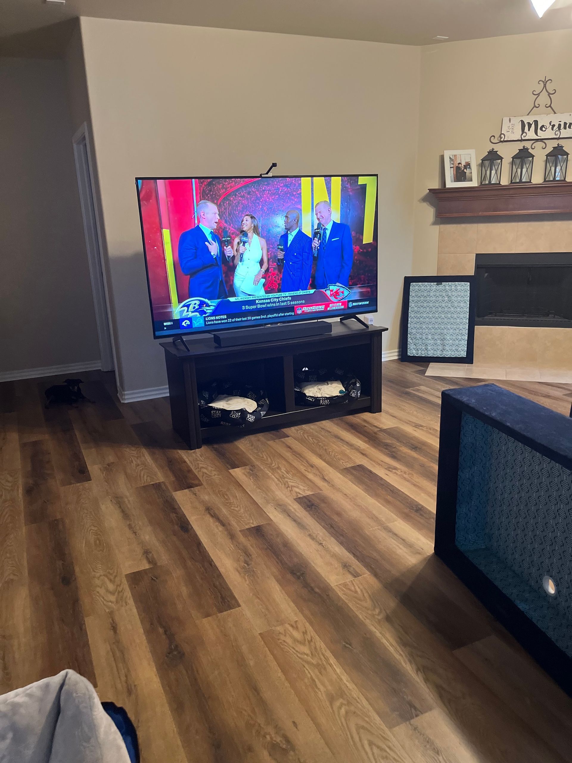 Living room with TV on a stand, hardwood floor, fireplace, and sofa.