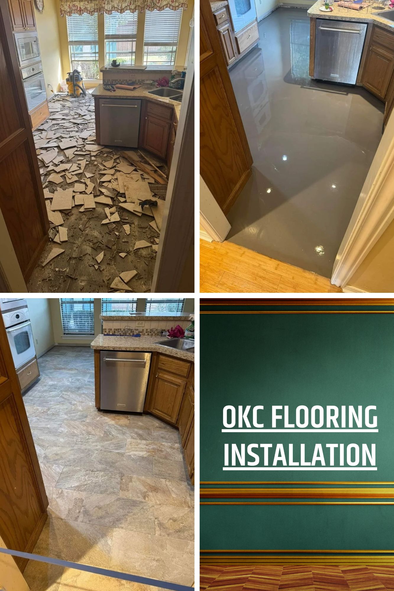 Before-and-after collage of a kitchen floor installation, showing old flooring removed and new glossy gray floor installed.