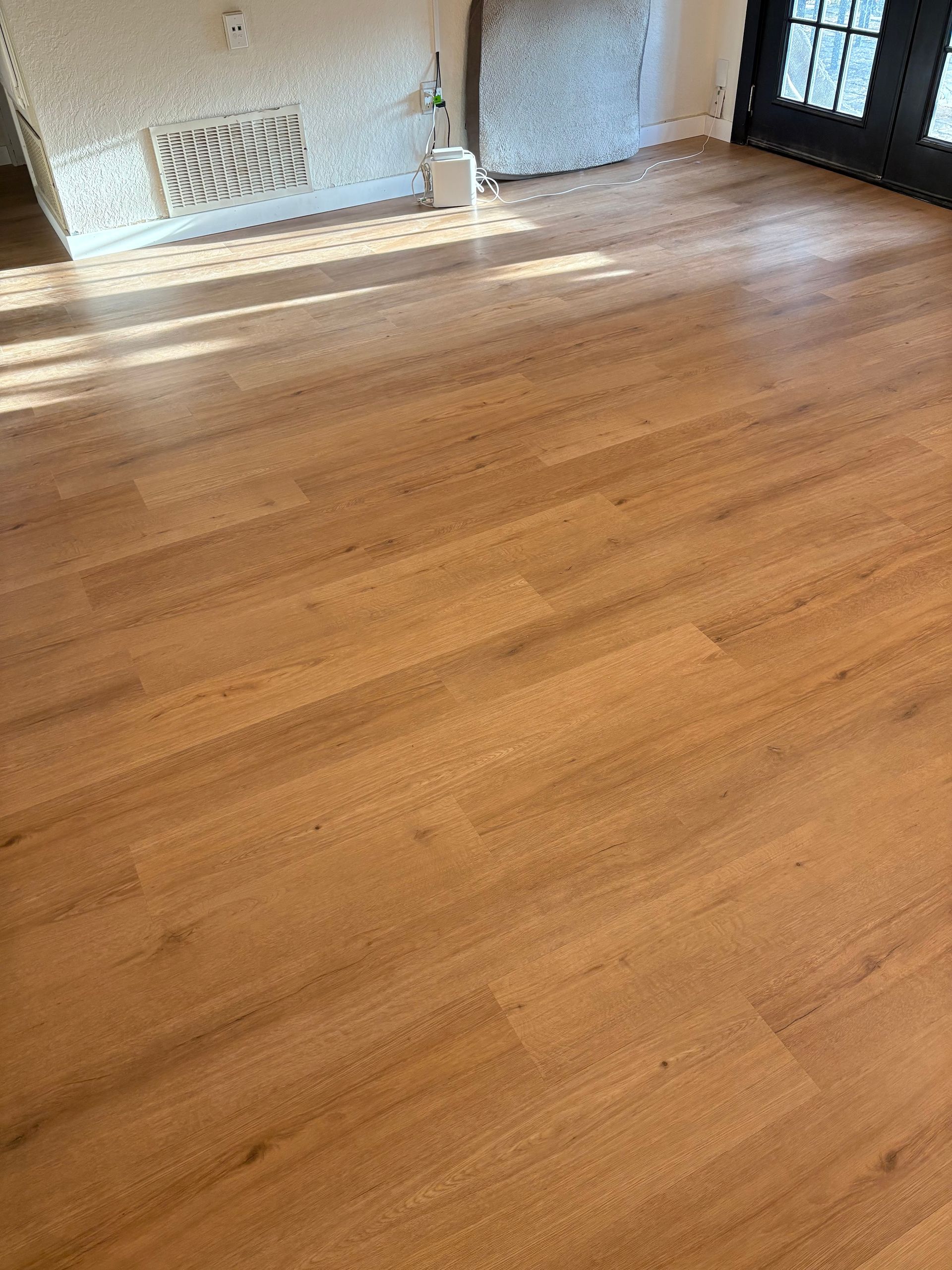 Sunlit hardwood floor with white baseboards and a pet gate in the corner