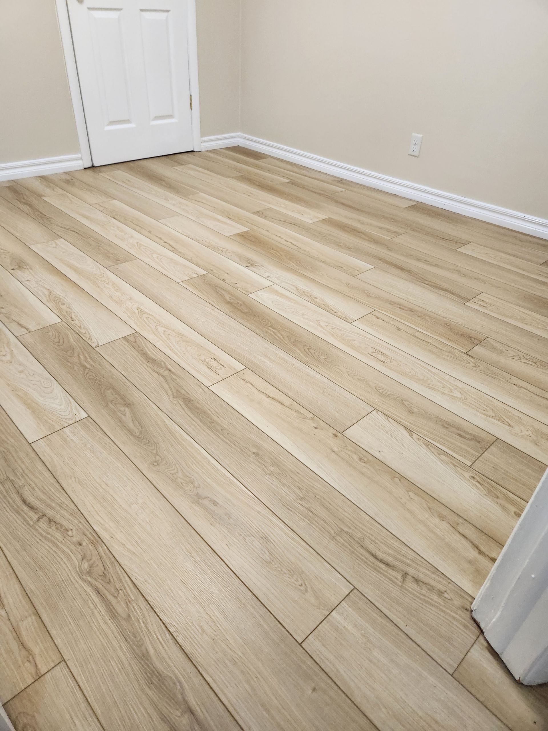 Empty room with light wood flooring, white walls, and a closed white door.