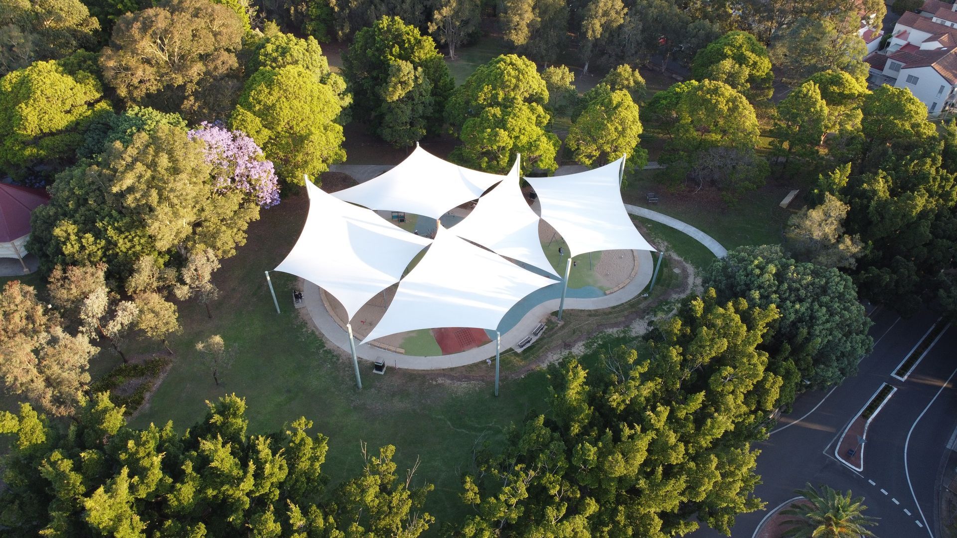 Aerial View of a White Tensile Canopy Structure — Cachia Upholstery in Forster, NSW