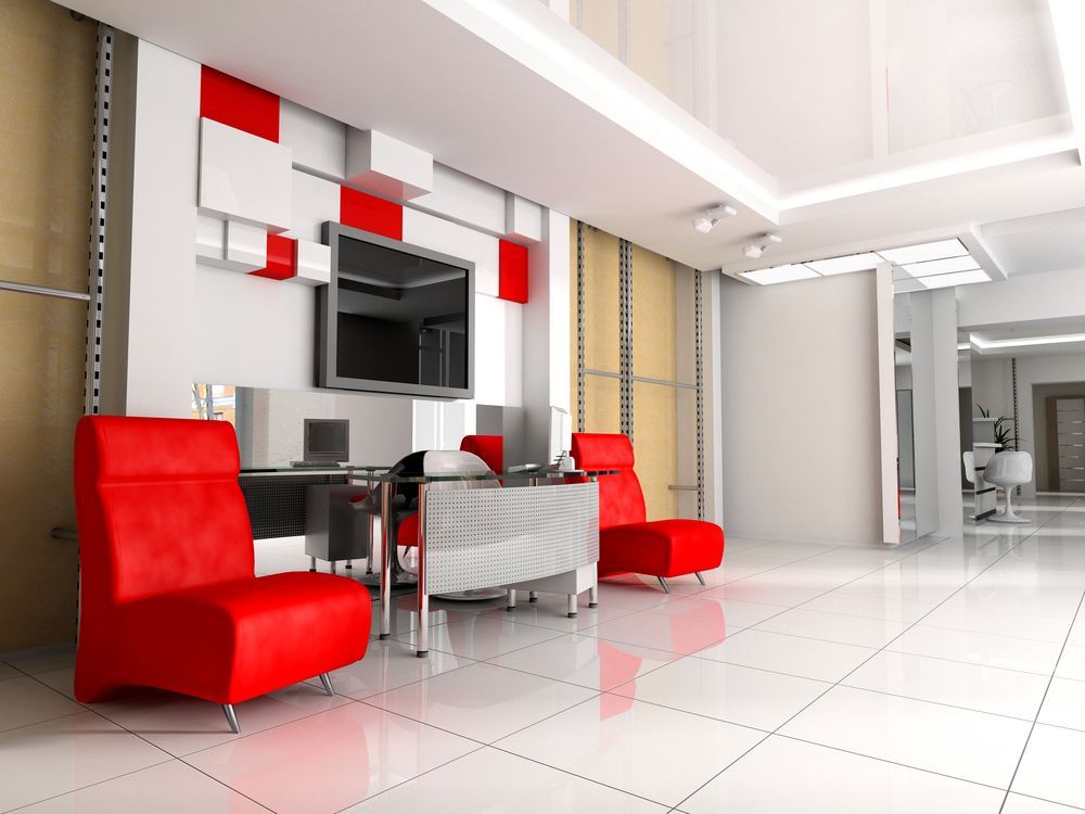 Modern Living Room With Red Chairs, White Tiled Floor — Cachia Upholstery in Forster, NSW