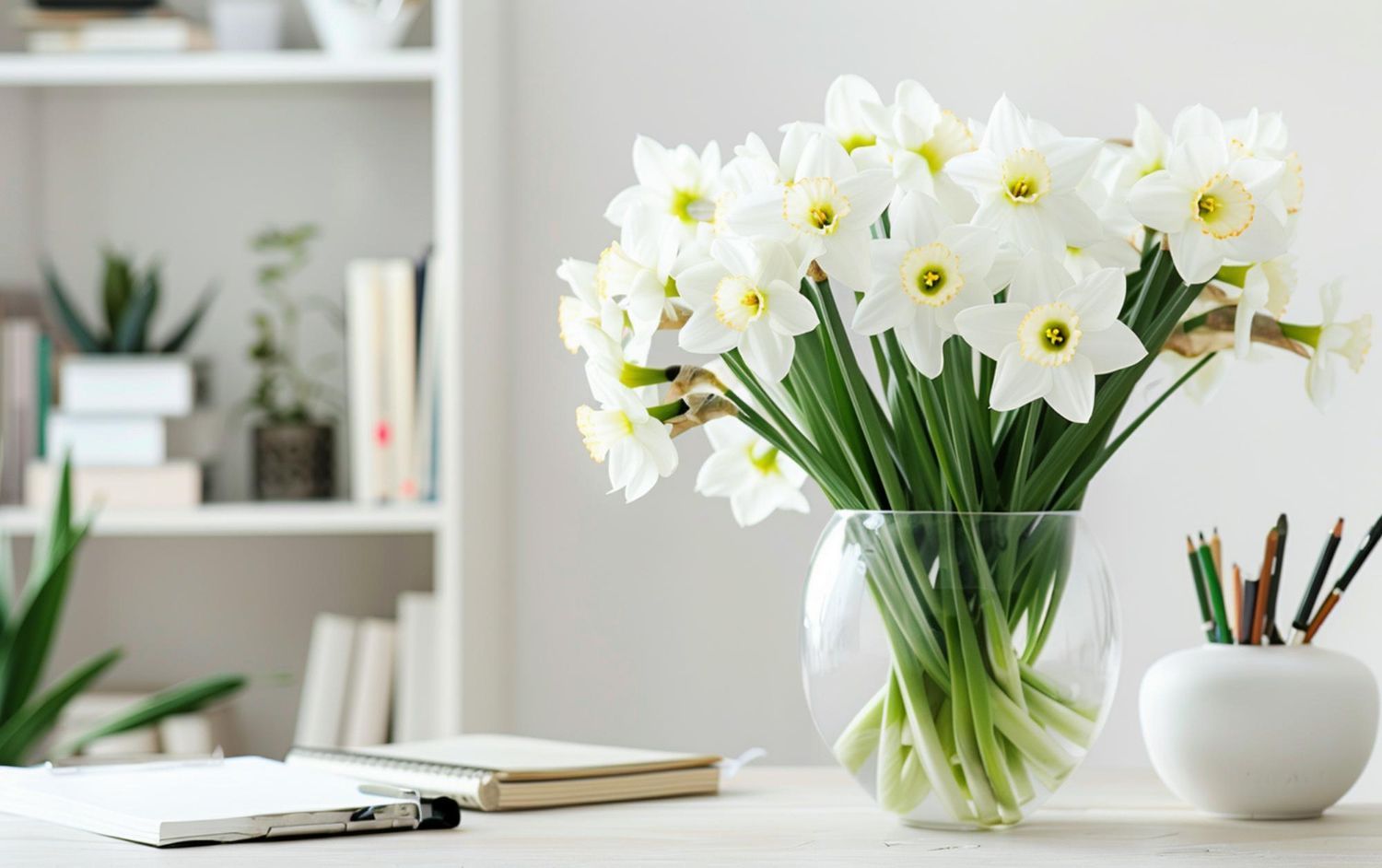 A vase filled with white flowers is sitting on a desk.