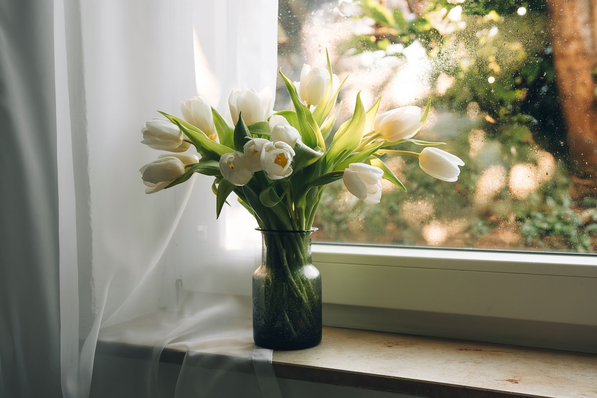 White tulips in a glass vase sit on a windowsill with a sheer white curtain and blurry outdoor view.